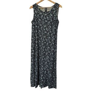 Vintage 1990s Studio Ease Linen Blend Dark Florals Blue Maxi Shift Dress Sz 8